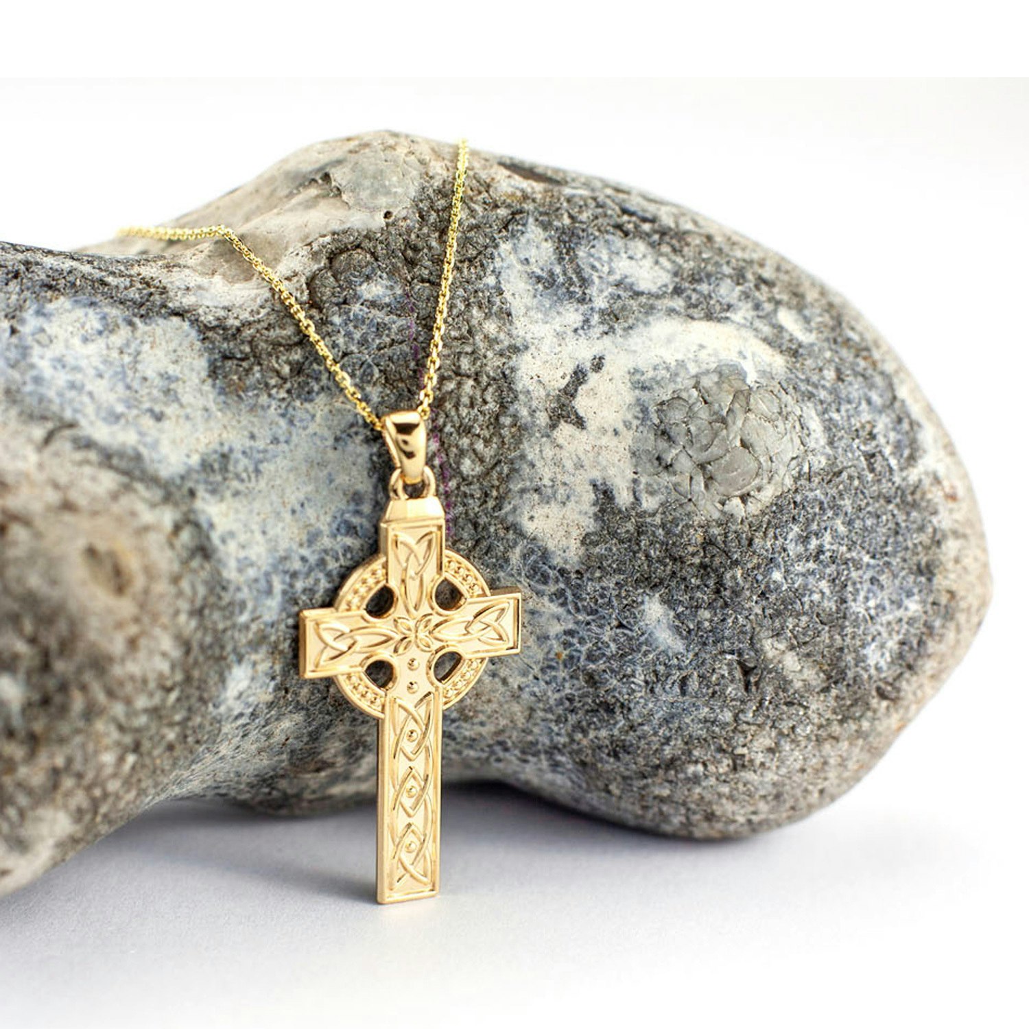 Yellow Gold Diamond Trinity Knot Celtic Cross Pendant Necklace